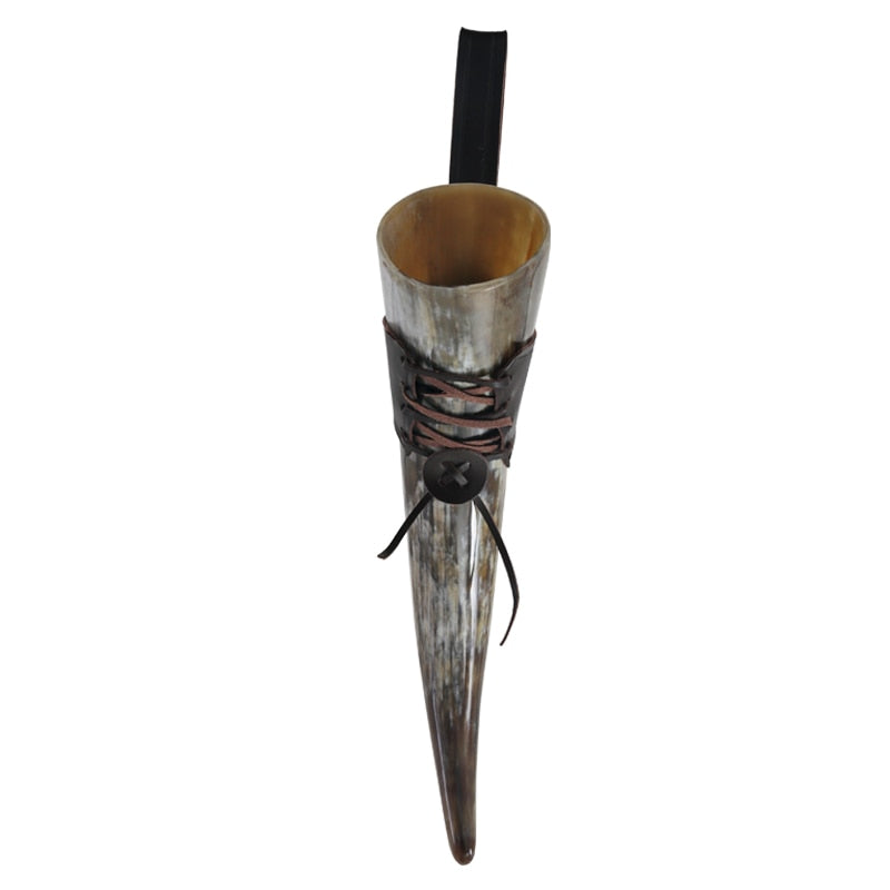 Corne à Boire Viking Avec Attache Cuir Noir