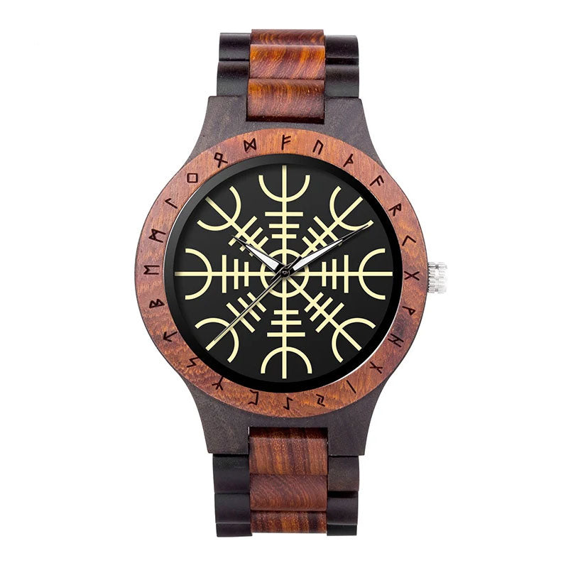 Montre Viking Heaume et Corbeau en Bois Contrasté