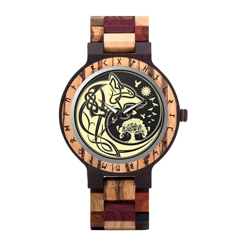 Montre Loup Viking en Mosaïque de Bois