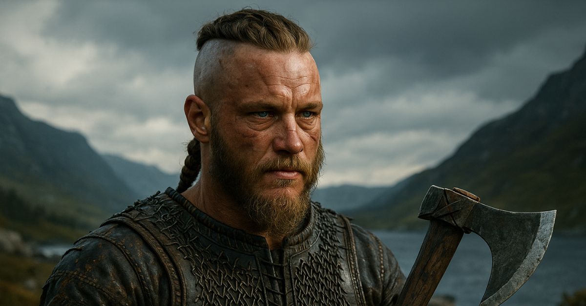 Ragnar Lodbrok, chef viking légendaire, représenté dans un paysage nordique dramatique