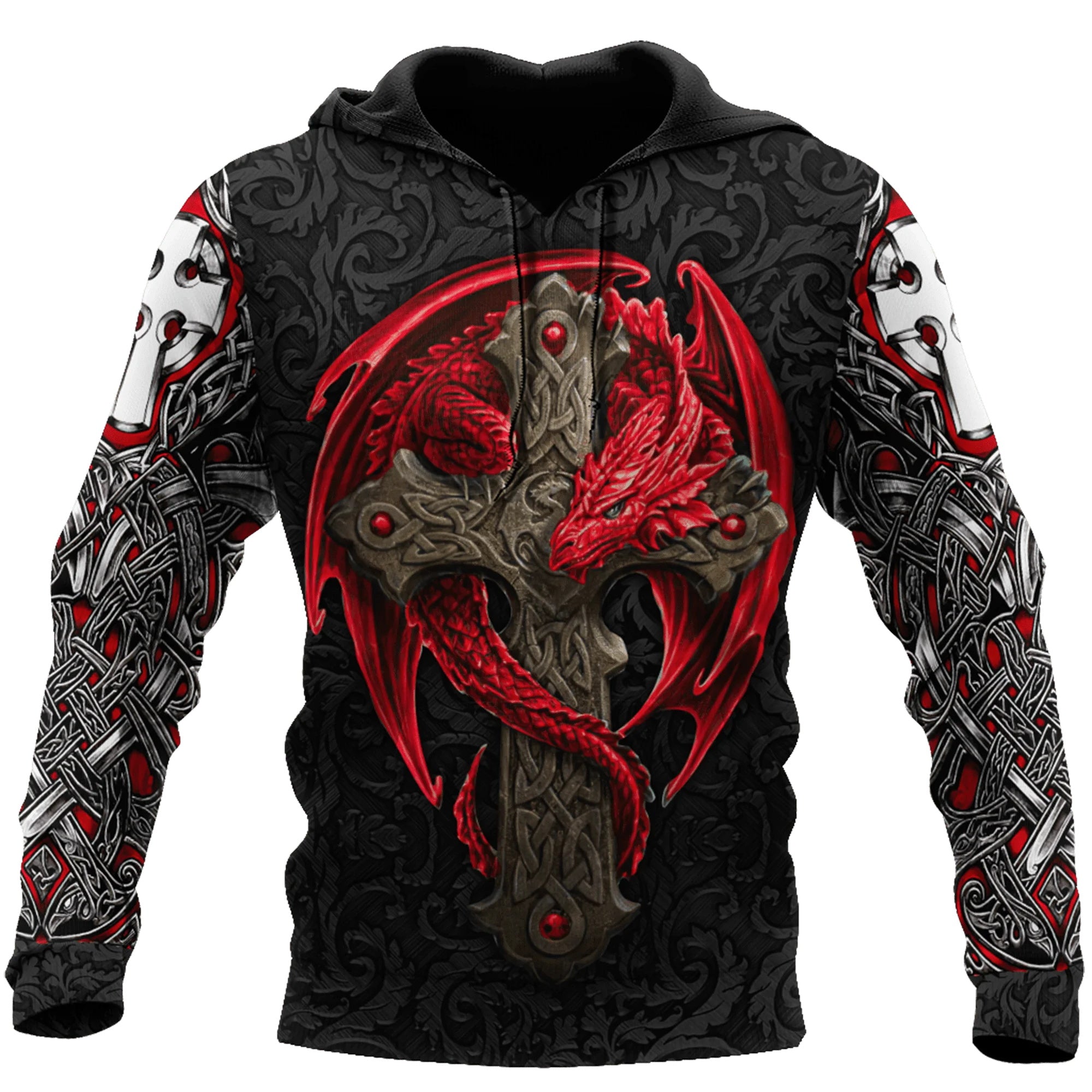 Sweat-shirt viking rouge et noir avec dragon celtique