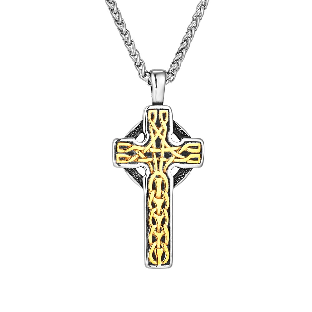 Vikings Rune Cross Necklaces Stainless Steel Gold Color Jesus Pendant Men Norse Christianity Amulet Vintage Scandinavian Jewelry Viking Shop